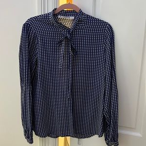 Navy and white 100% silk blouse